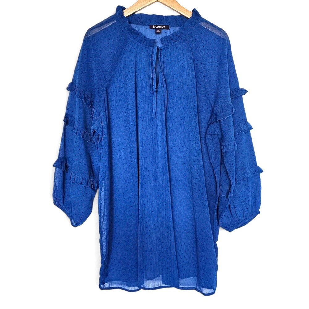 Vintage Roamans Blouse‎ Size 22W Blue Black Polka Dot Sheer Ruffle Sleeve Top